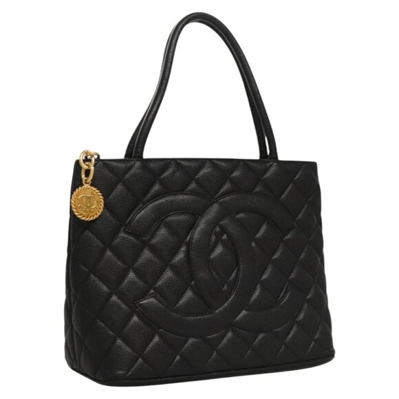 CHANEL Standard Tote Bag Caviar Skin Black Gold CC Auth MY257AV - Picture 1 of 16
